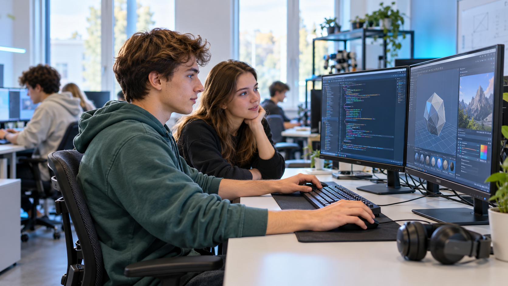 Ilustrační scéna: studenti pracují s programováním a digitální grafikou