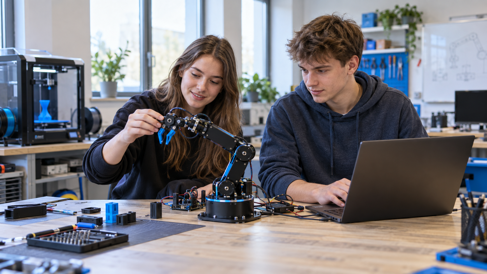 Ilustrační scéna: studenti pracují s robotickým ramenem a 3D tiskem